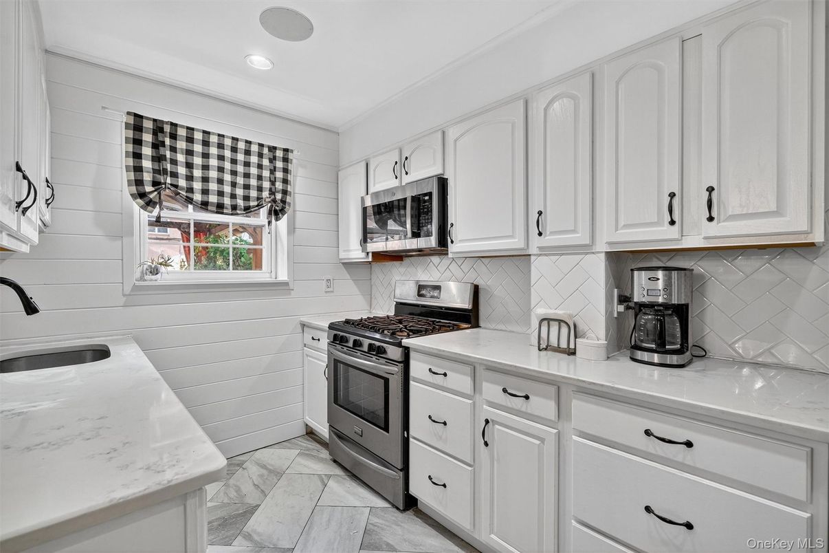 Interior, Kitchen, Marble, Recessed Lighting, Wood Texture Flooring