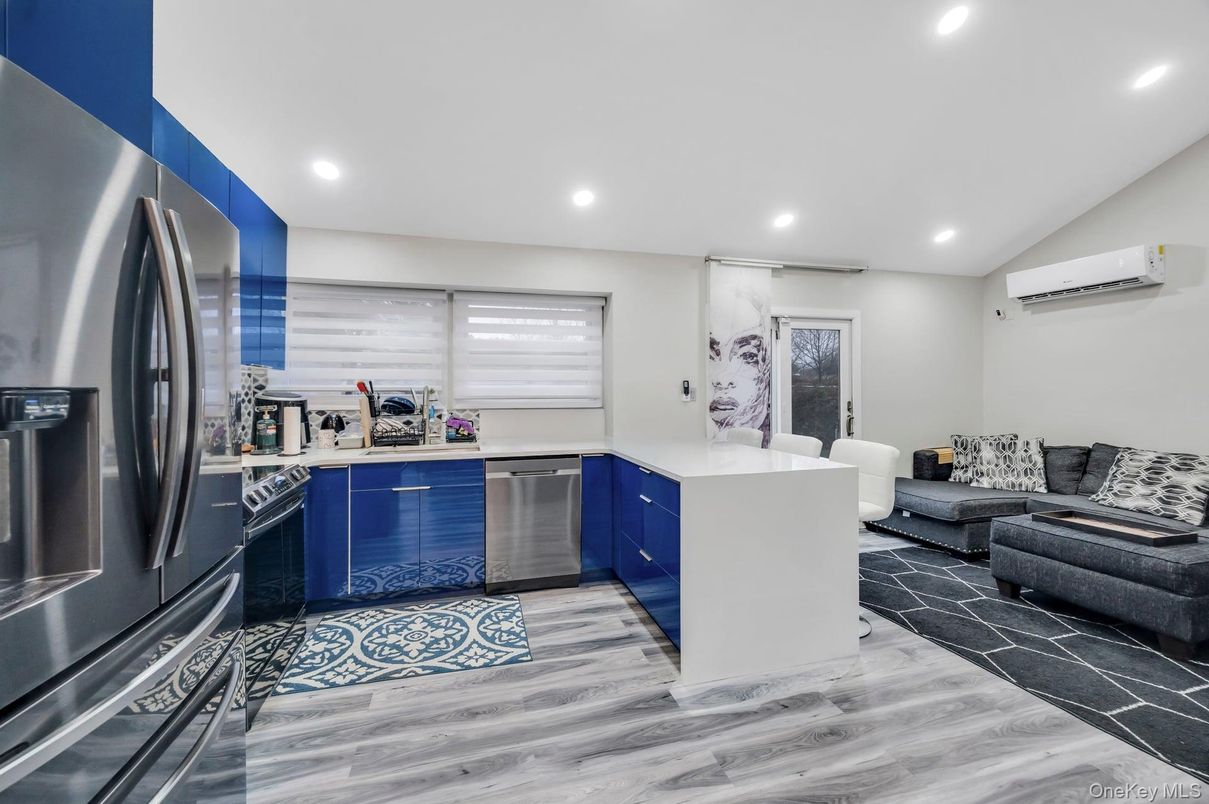 Interior, Kitchen, Living room, Recessed Lighting, Stainless Steel Appliances, Wood Texture Flooring