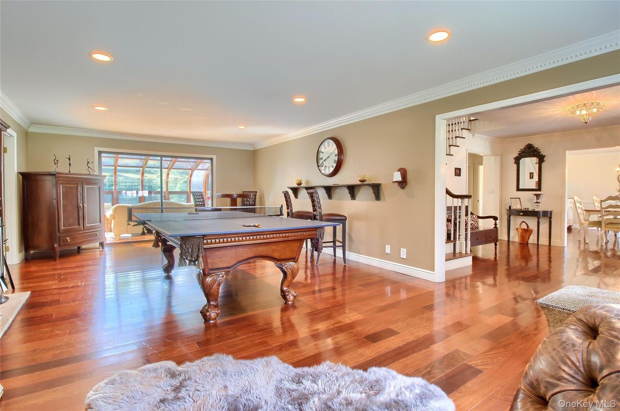 Billiard Table, Chandelier, Game Room, Interior, Recessed Lighting, Wood Texture Flooring