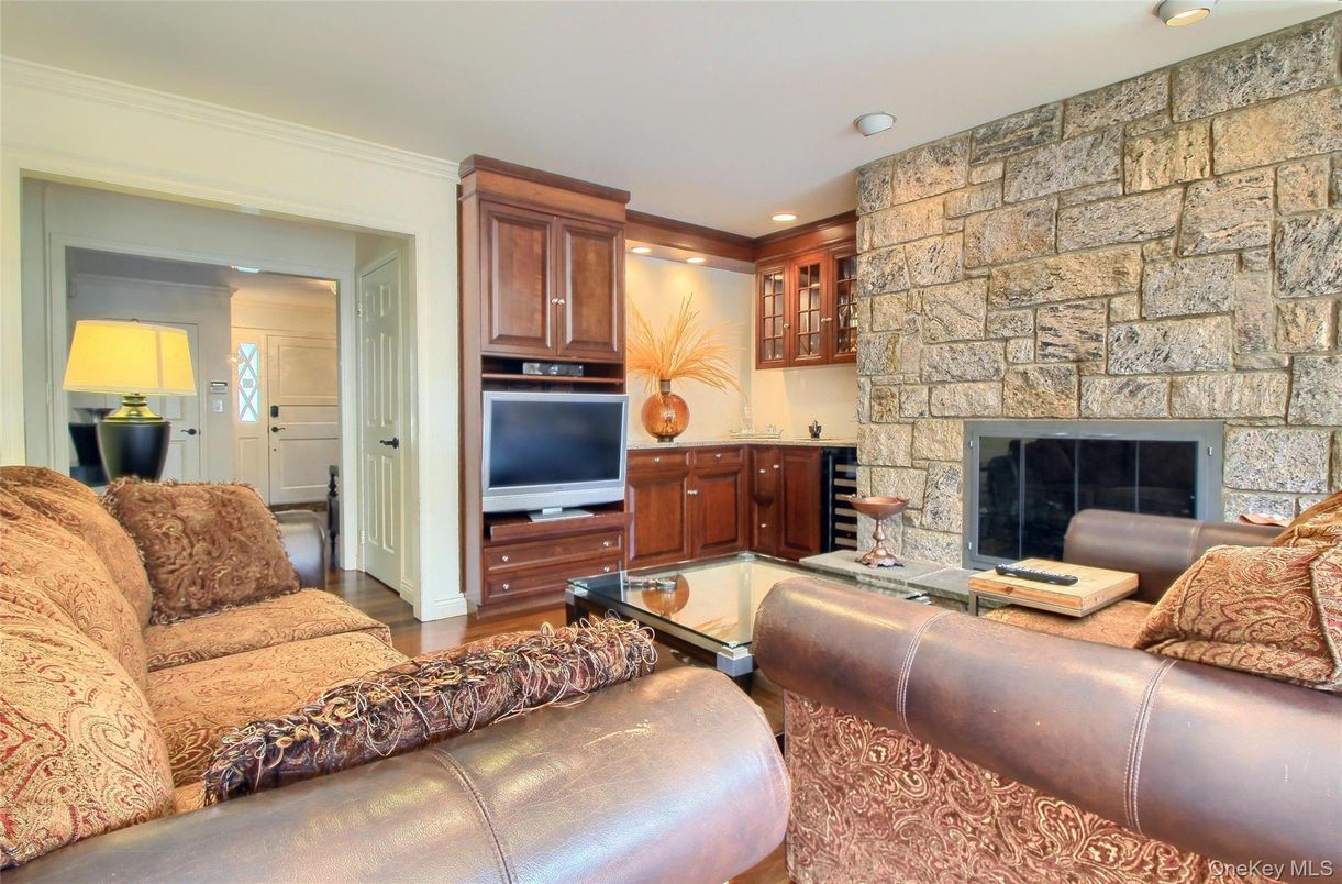Fireplace, Interior, Living room, Recessed Lighting, Stone Walls