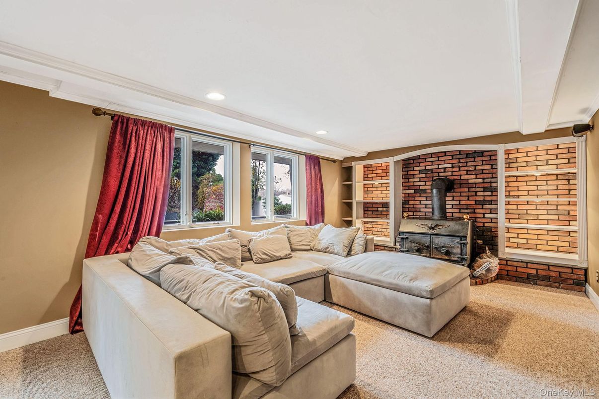 Fireplace, Interior, Living room, Recessed Lighting, Stone Walls