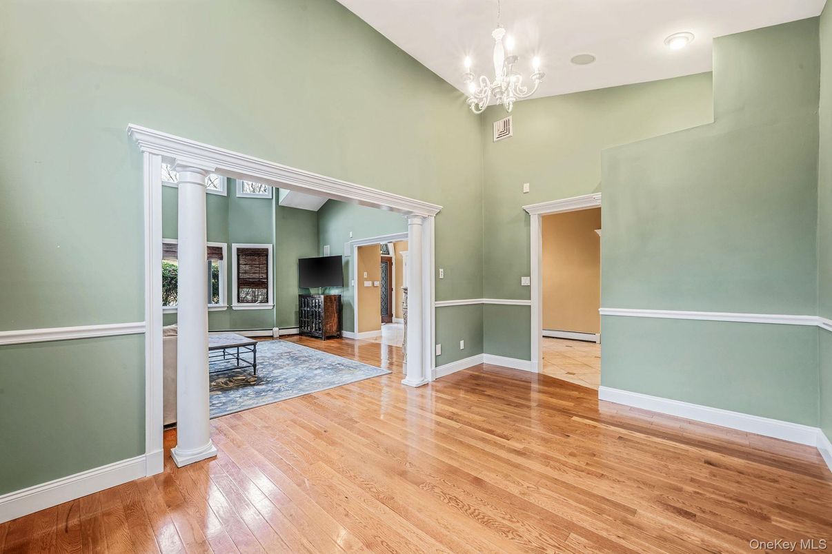 Chandelier, Empty room, Interior, Recessed Lighting, Wood Texture Flooring