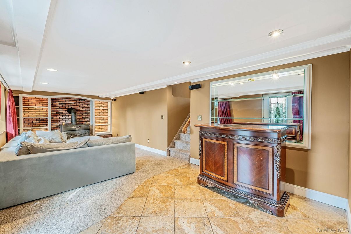 Fireplace, Interior, Living room, Recessed Lighting, Stone Walls