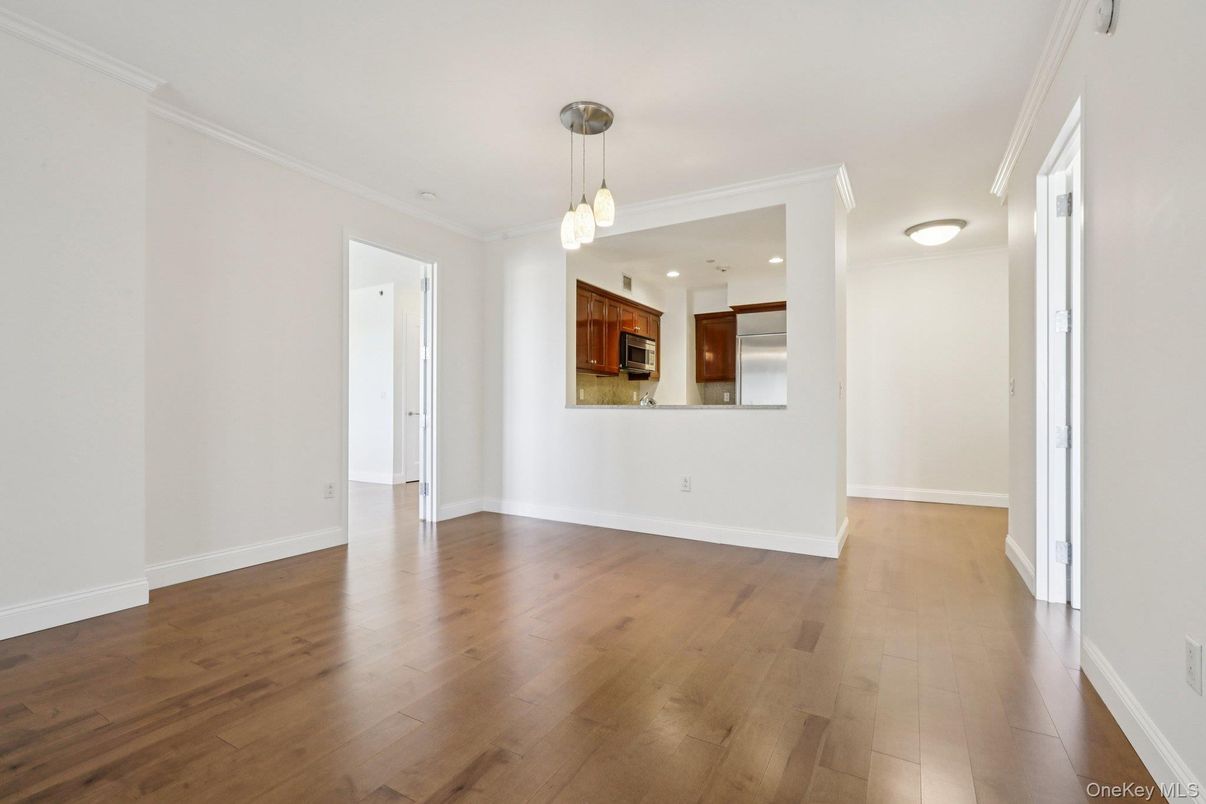 Empty room, Interior, Kitchen, Pendant Lights, Recessed Lighting, Wood Texture Flooring