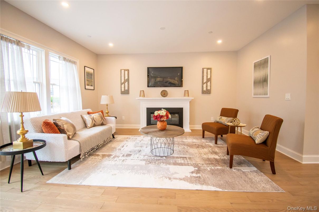 Fireplace, Interior, Living room, Recessed Lighting, Wood Texture Flooring