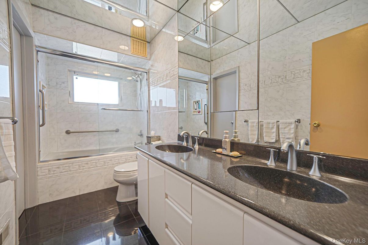Bathroom, Dual Sink Vanities, Glass Shower, Interior, Marble Walls