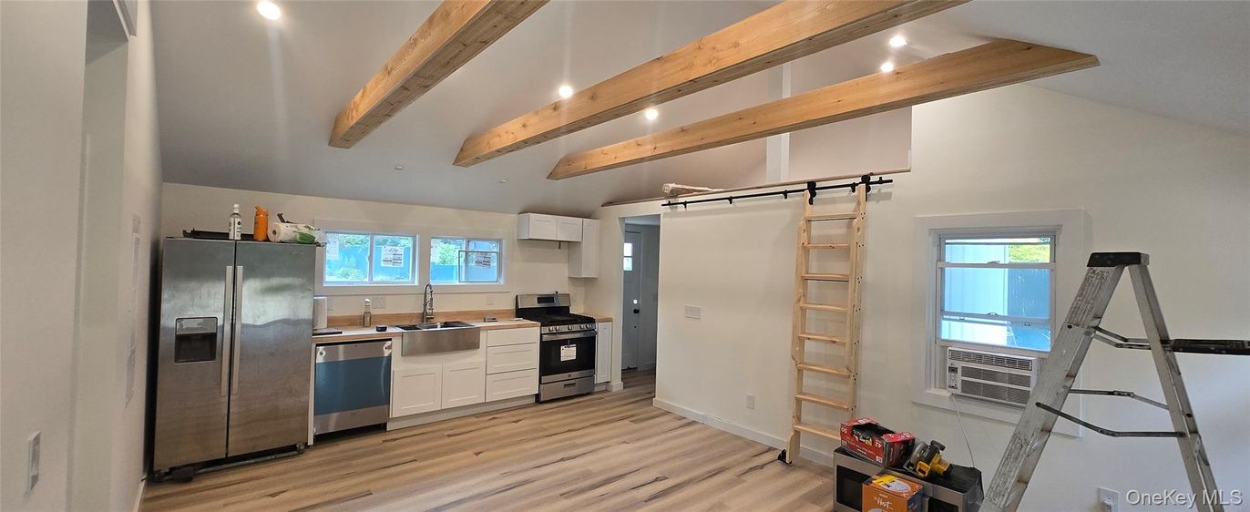 Interior, Kitchen, Recessed Lighting, Stainless Steel Appliances, Wooden Beams, Wood Texture Flooring