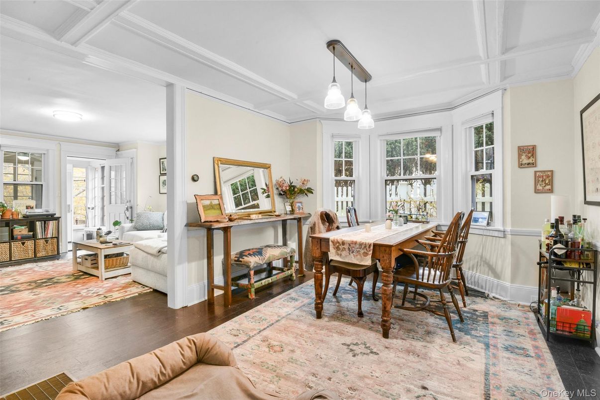 Dining room, Interior, Living room, Pendant Lights, Wood Texture Flooring