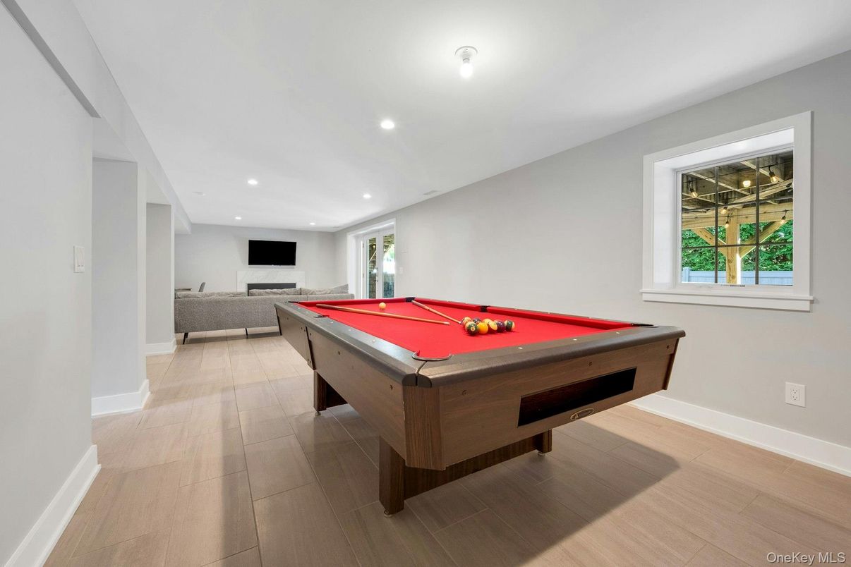 Billiard Table, Game Room, Interior, Recessed Lighting, Wood Texture Flooring
