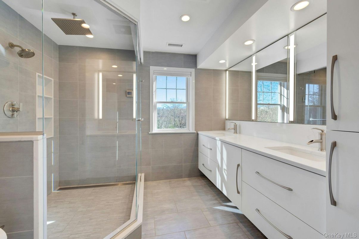 Bathroom, Dual Sink Vanities, Glass Shower, Interior, Recessed Lighting