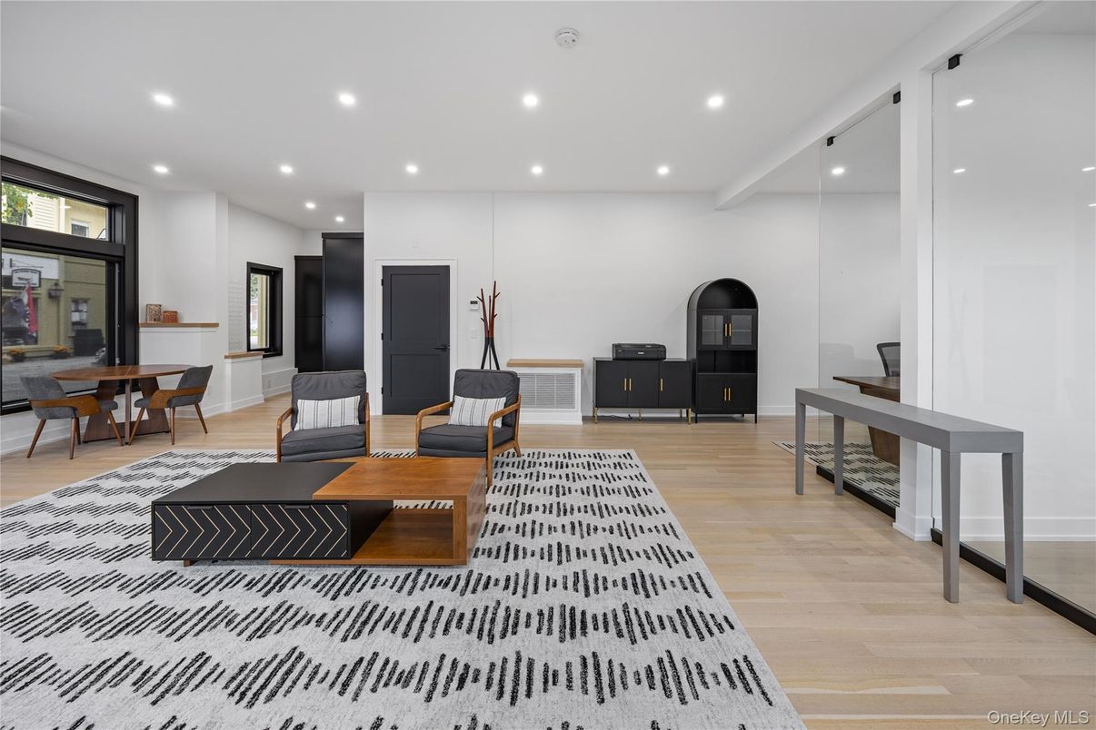 Dining room, Interior, Living room, Recessed Lighting, Wood Texture Flooring