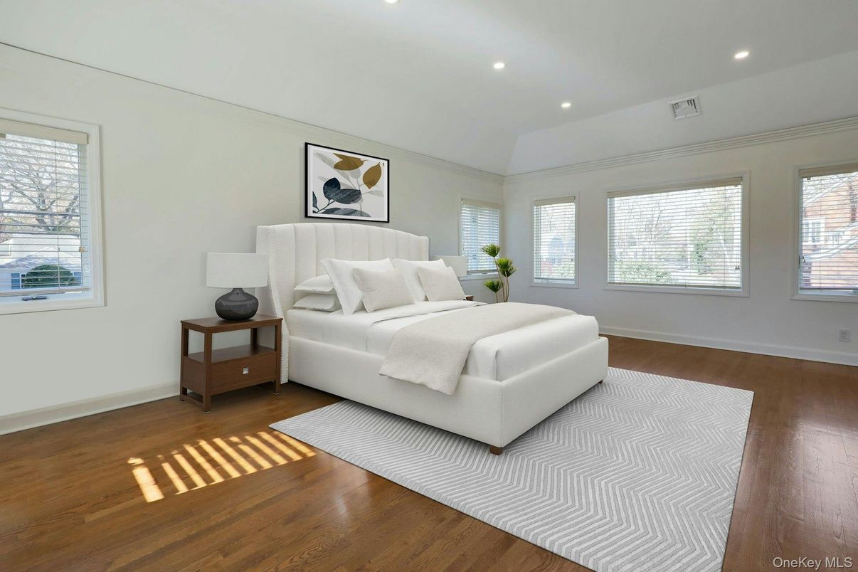 Bedroom, Interior, Recessed Lighting, Wood Texture Flooring