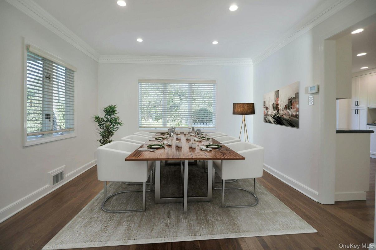Dining room, Game Room, Interior, Recessed Lighting, Wood Texture Flooring