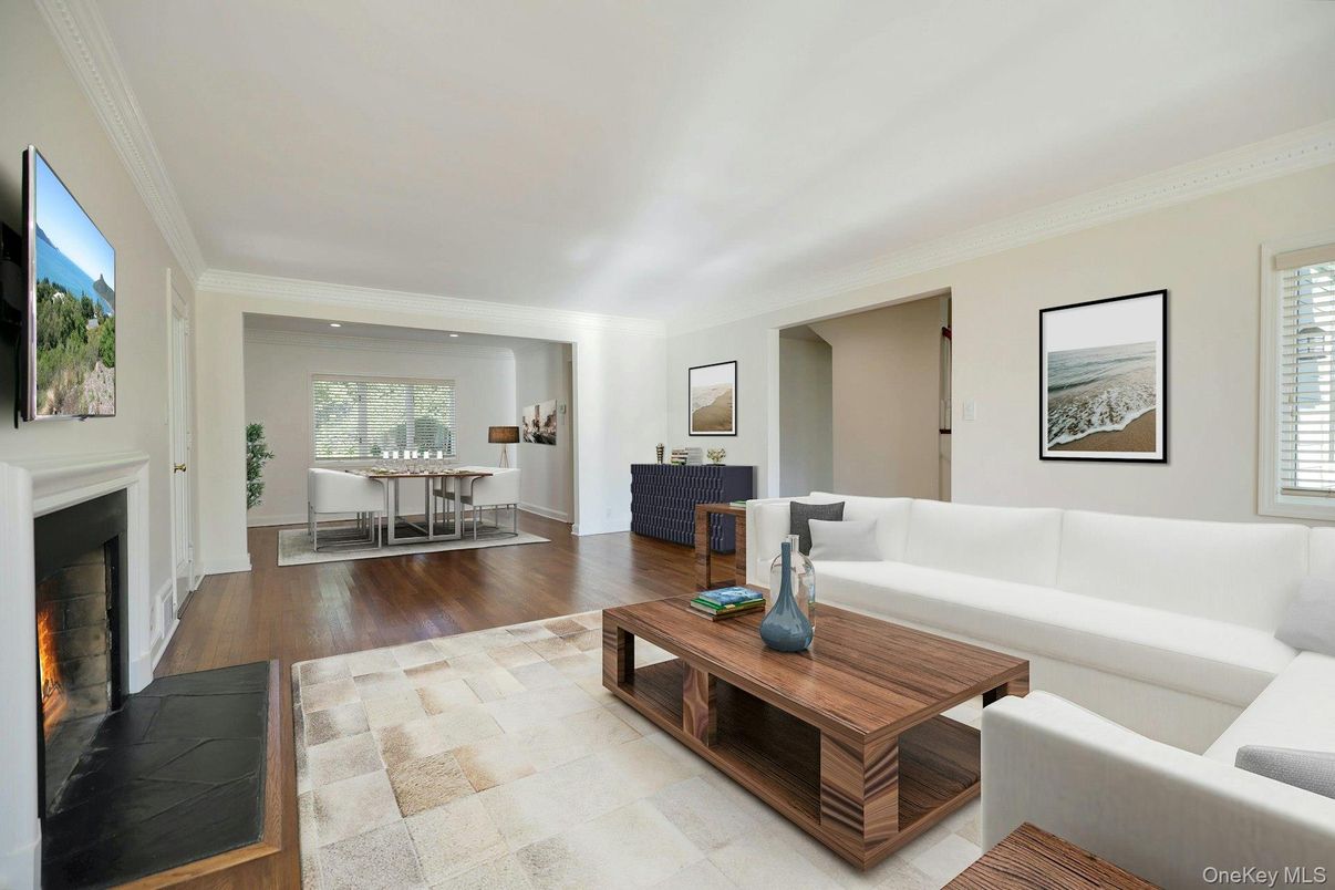 Dining room, Fireplace, Interior, Living room, Recessed Lighting, Wood Texture Flooring