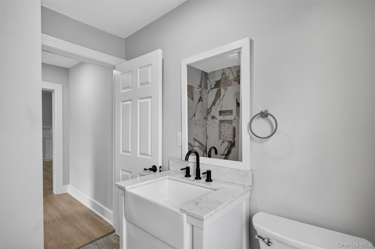 Bathroom, Interior, Marble Walls, Wood Texture Flooring