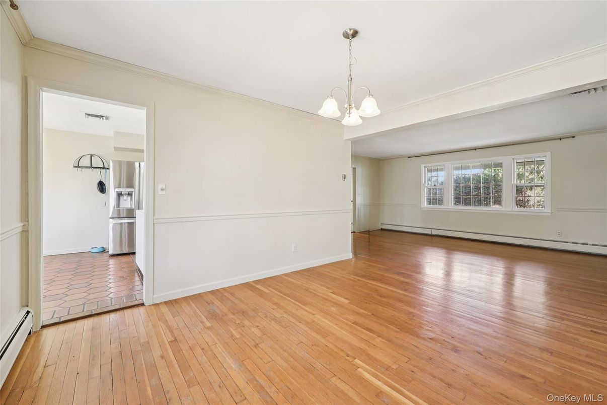 Chandelier, Empty room, Interior, Kitchen, Pendant Lights, Wood Texture Flooring