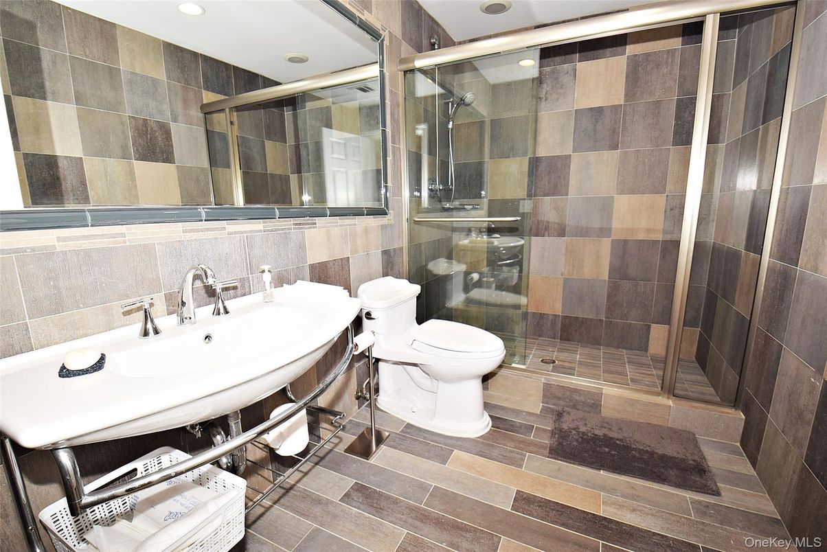 Bathroom, Glass Shower, Interior, Recessed Lighting, Wood Texture Flooring