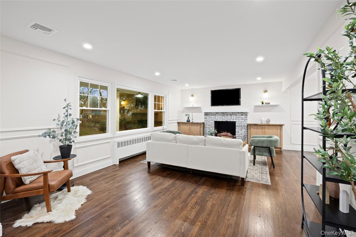 Fireplace, Interior, Living room, Recessed Lighting, Wood Texture Flooring