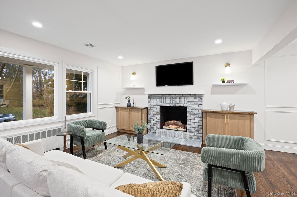 Fireplace, Interior, Living room, Recessed Lighting, Wood Texture Flooring