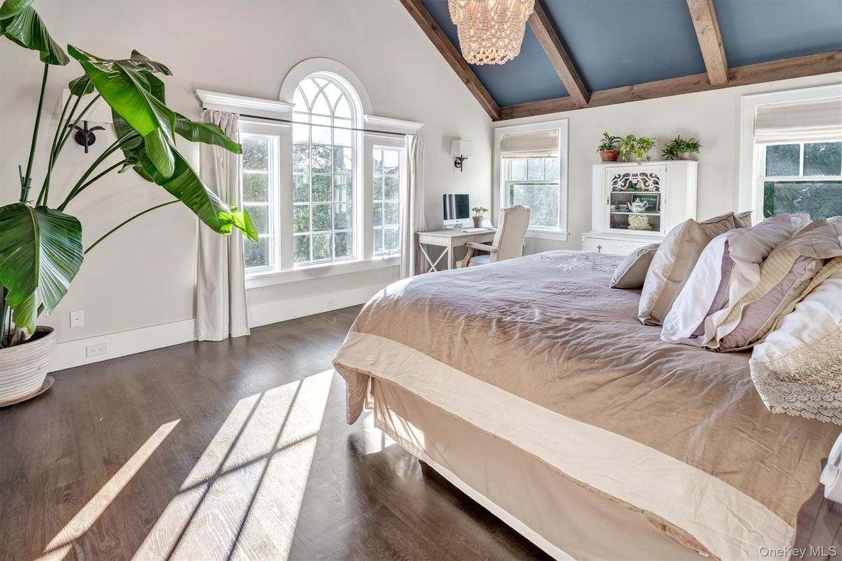 Bedroom, Chandelier, Interior, Wooden Beams, Wood Texture Flooring