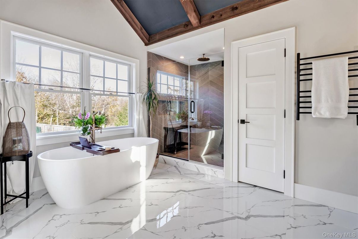 Bathroom, Free Standing Baths, Glass Shower, Interior, Marble, Recessed Lighting