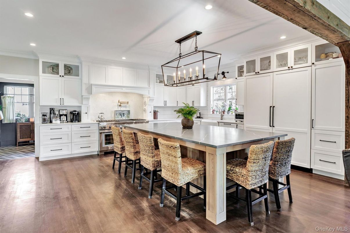 Interior, Kitchen, Pendant Lights, Recessed Lighting, Stainless Steel Appliances, Wooden Beams, Wood Texture Flooring