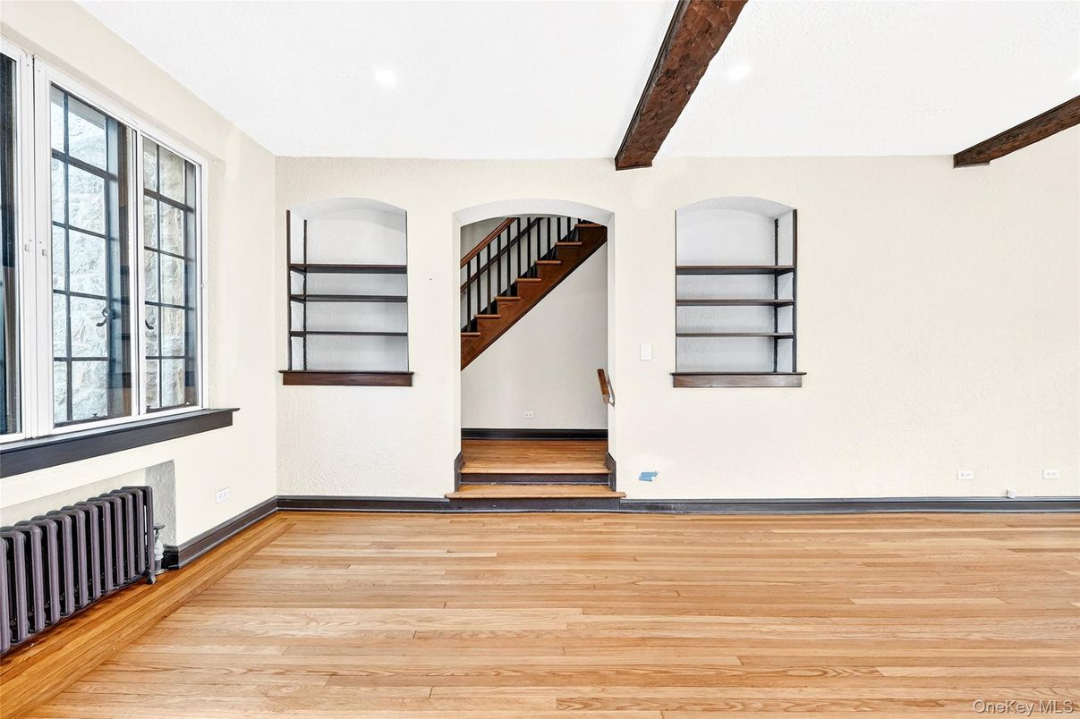 Fireplace, Interior, Recessed Lighting, Wooden Beams, Wood Texture Flooring