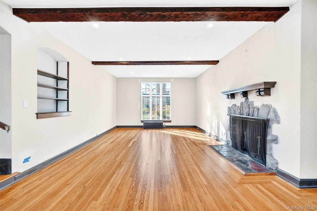 Empty room, Fireplace, Interior, Recessed Lighting, Wooden Beams, Wood Texture Flooring