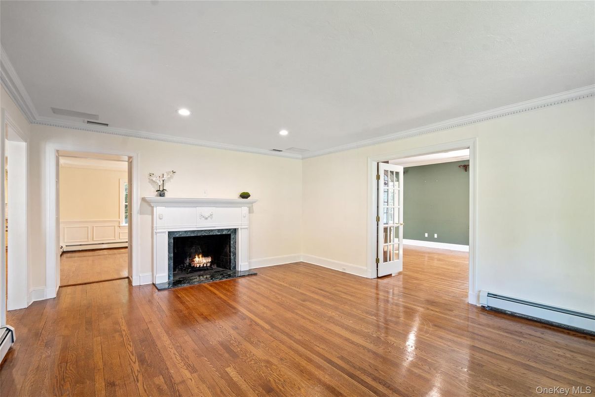 Empty room, Fireplace, Interior, Recessed Lighting, Wood Texture Flooring