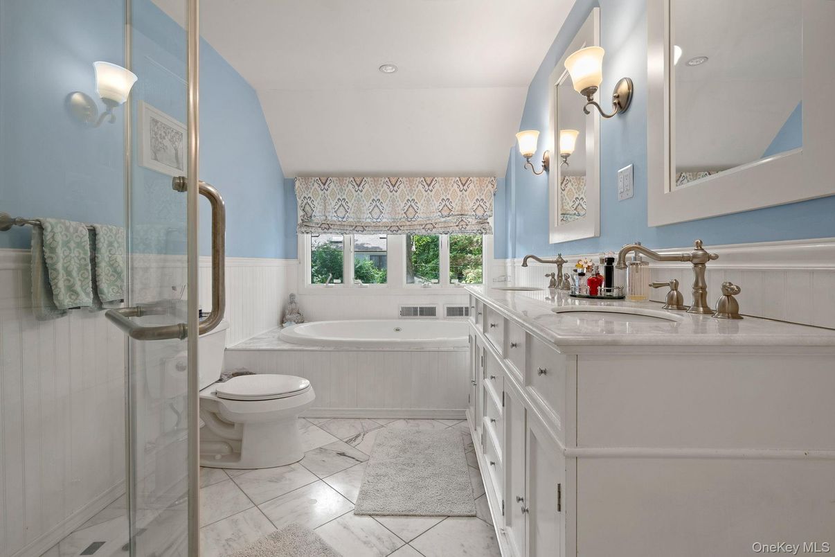 Bathroom, Dual Sink Vanities, Glass Shower, Interior, Marble, Recessed Lighting