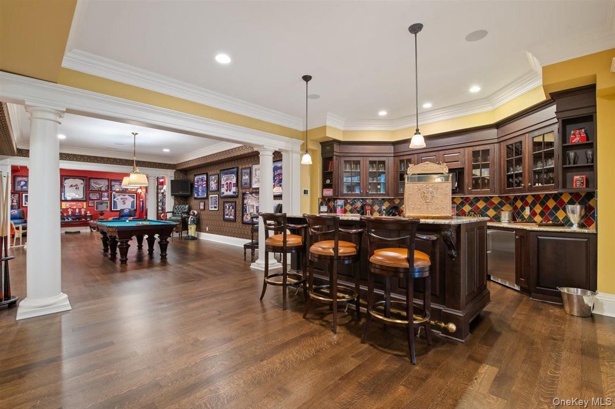 Billiard Table, Game Room, Interior, Pendant Lights, Recessed Lighting, Wood Texture Flooring