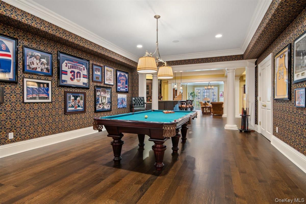 Billiard Table, Game Room, Interior, Pendant Lights, Recessed Lighting, Wood Texture Flooring
