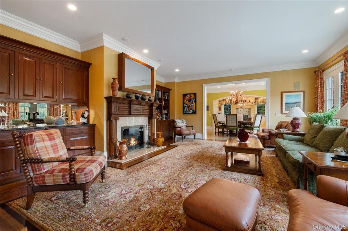 Chandelier, Dining room, Fireplace, Interior, Living room, Recessed Lighting