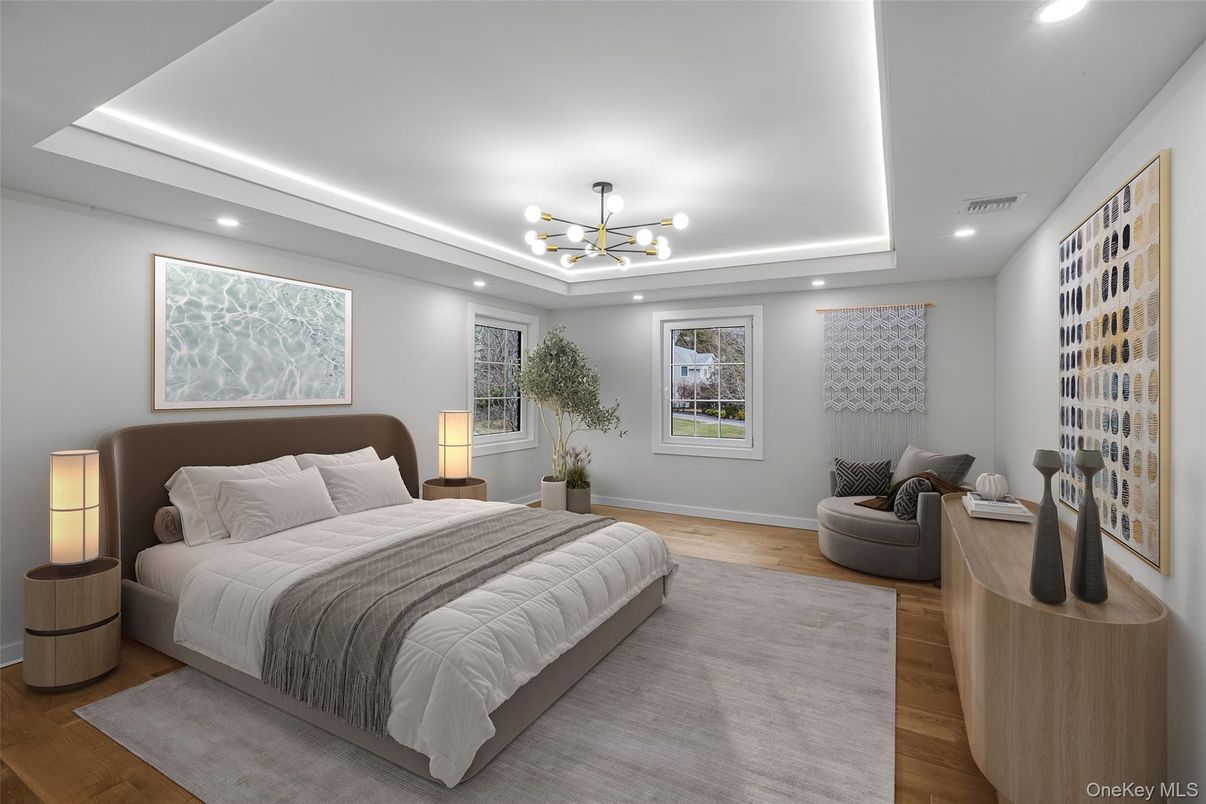 Bedroom, Interior, Pendant Lights, Recessed Lighting, Wood Texture Flooring