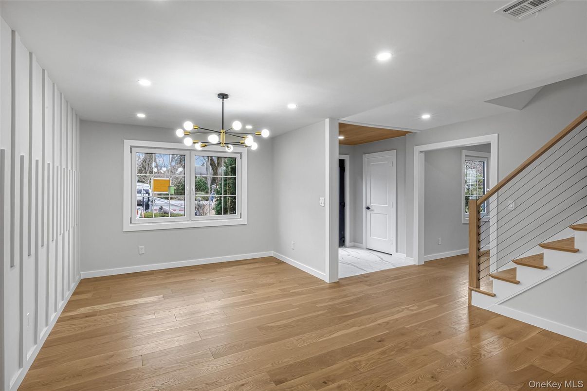 Empty room, Interior, Pendant Lights, Recessed Lighting, Wood Texture Flooring