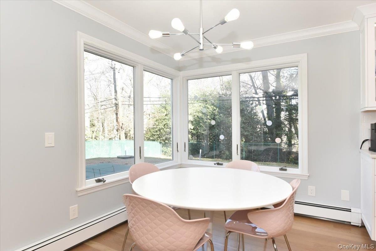 Dining room, Interior, Pendant Lights, Wood Texture Flooring