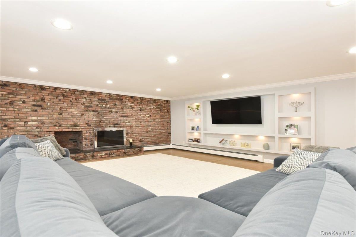 Fireplace, Interior, Living room, Recessed Lighting, Stone Walls