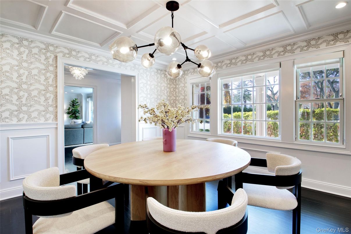 Dining room, Interior, Pendant Lights, Recessed Lighting, Wood Texture Flooring