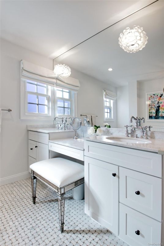 Bathroom, Chandelier, Dual Sink Vanities, Interior, Recessed Lighting