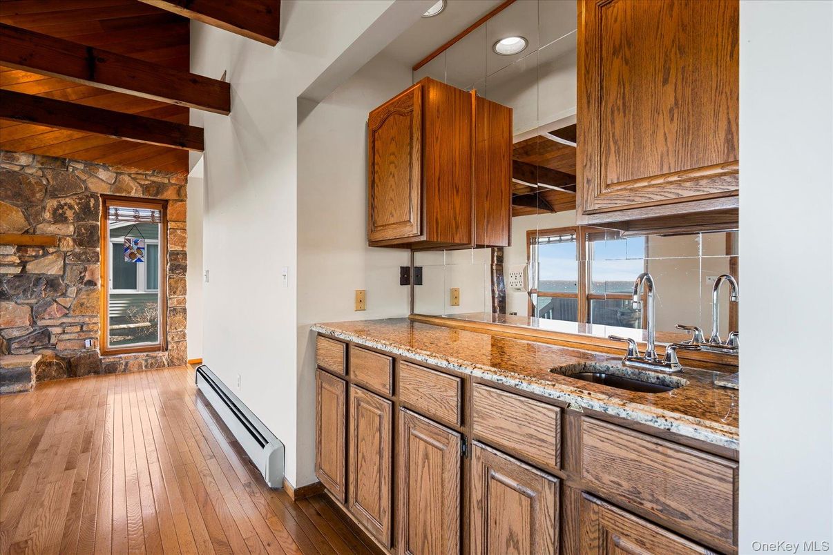 Interior, Kitchen, Recessed Lighting, Stone Walls, Wooden Beams, Wood Texture Flooring