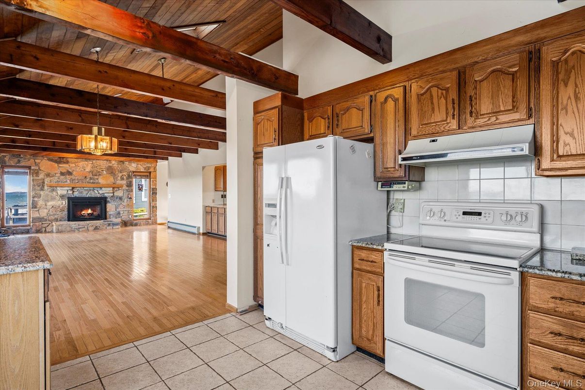 Fireplace, Interior, Kitchen, Pendant Lights, Wooden Beams, Wooden Ceilings, Wood Texture Flooring