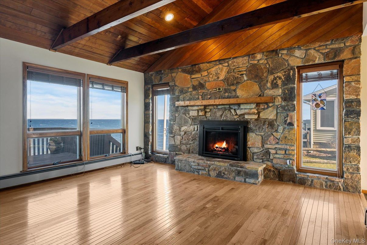Fireplace, Interior, Recessed Lighting, Stone Walls, Water, Wooden Beams, Wooden Ceilings, Wood Texture Flooring