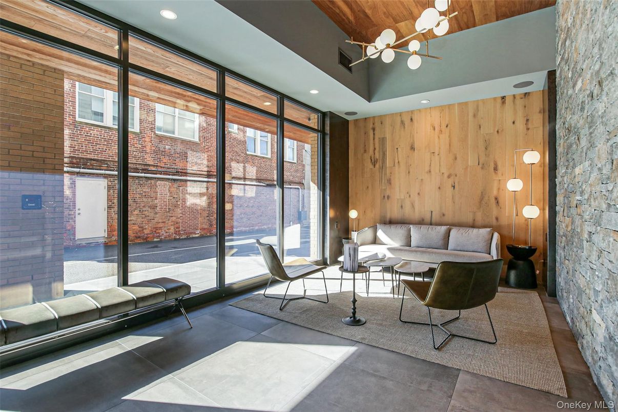 Interior, Living room, Pendant Lights, Recessed Lighting, Stone Walls, Wooden Walls