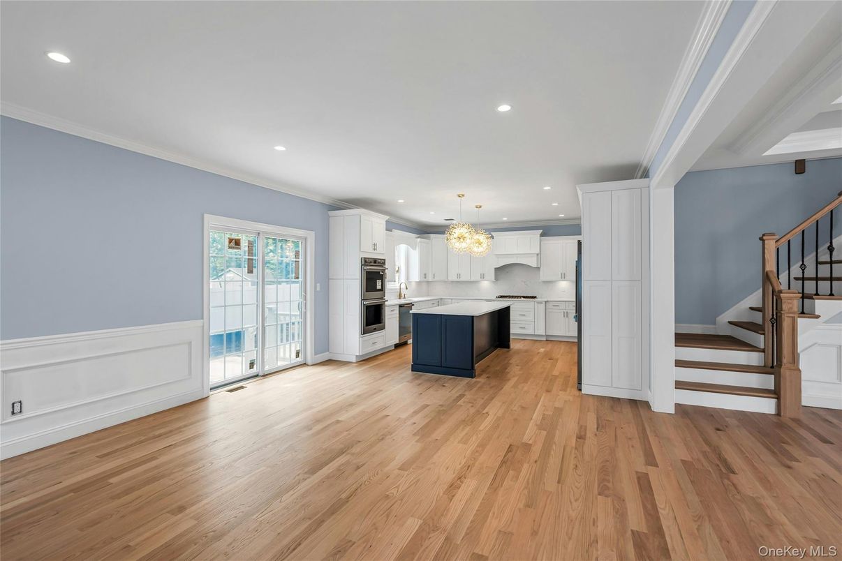 Chandelier, Interior, Kitchen, Recessed Lighting, Stainless Steel Appliances, Wood Texture Flooring