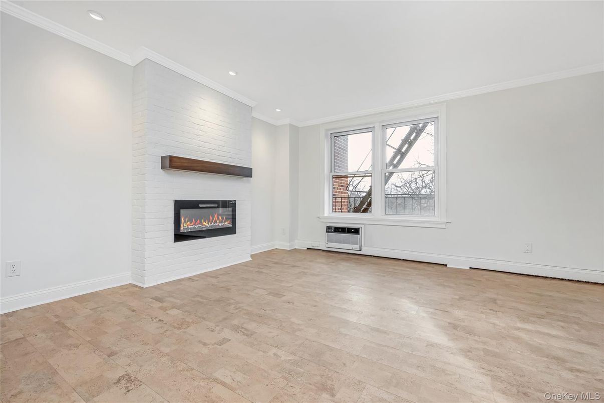 Empty room, Fireplace, Interior, Recessed Lighting, Wood Texture Flooring
