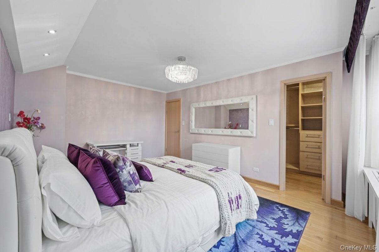 Bedroom, Chandelier, Interior, Recessed Lighting, Wood Texture Flooring