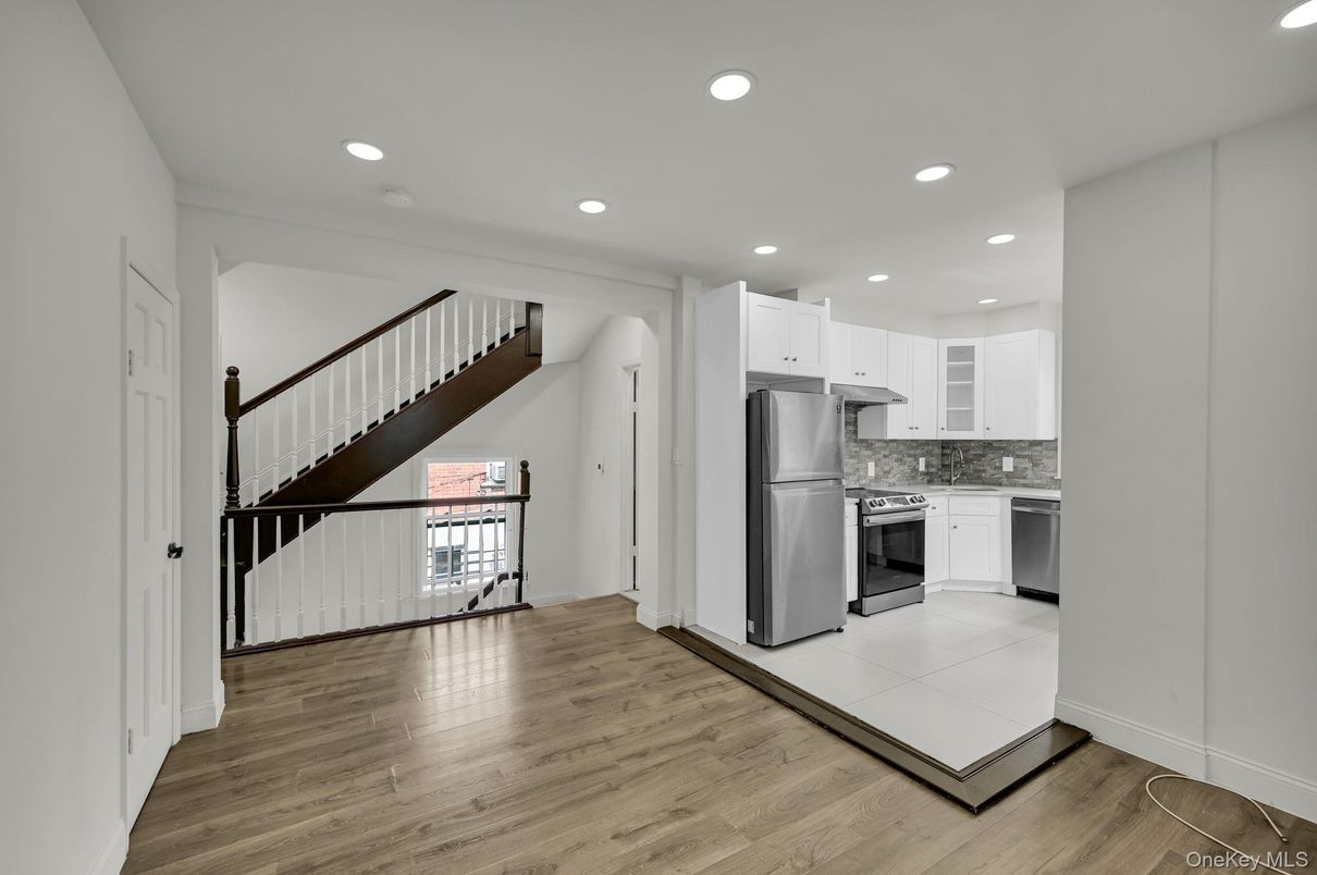 Interior, Kitchen, Recessed Lighting, Stainless Steel Appliances, Wood Texture Flooring