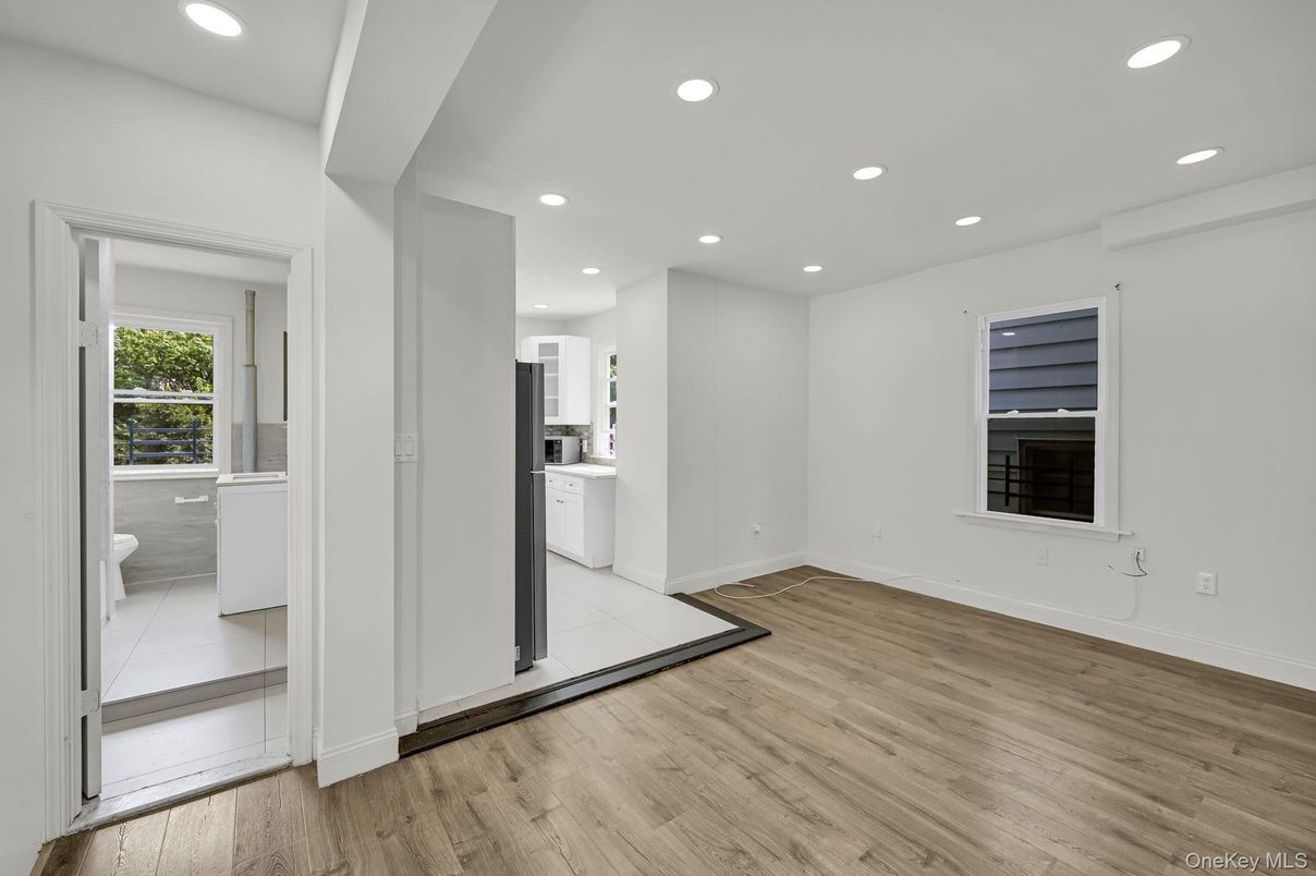 Empty room, Interior, Kitchen, Recessed Lighting, Wood Texture Flooring