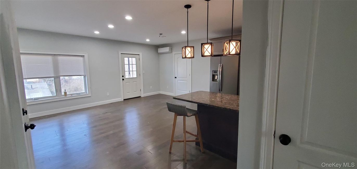 Empty room, Interior, Kitchen, Pendant Lights, Recessed Lighting, Stainless Steel Appliances, Wood Texture Flooring