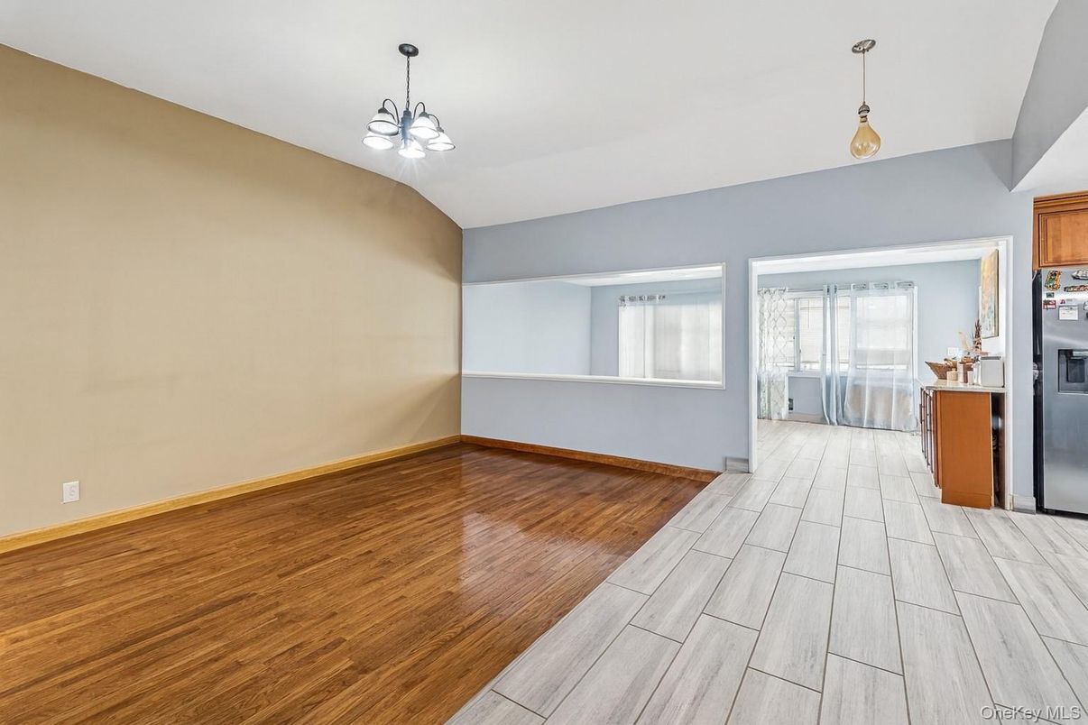 Chandelier, Empty room, Interior, Kitchen, Pendant Lights, Wood Texture Flooring